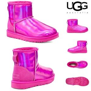 UGG classic mini pink iridescent metallic leather boot 8 waterproof